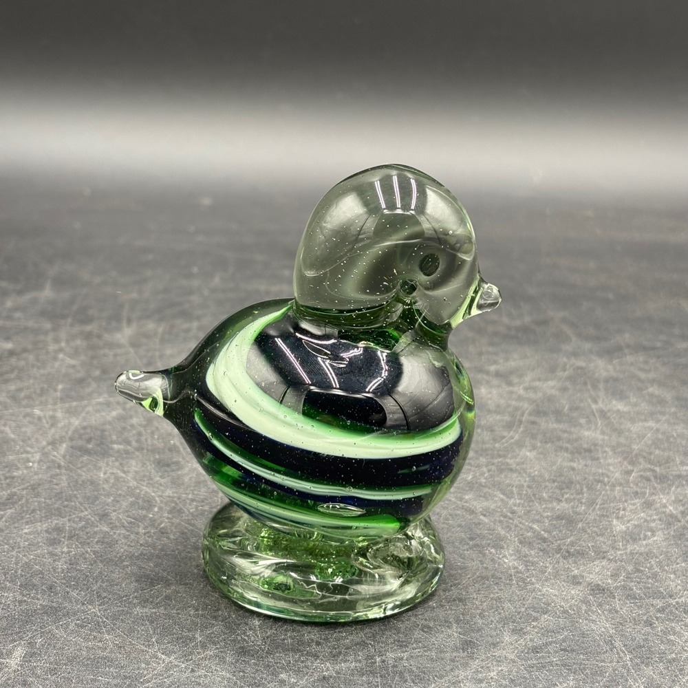 Vintage Hand Blown Art Glass Bird Figurine Green Blue White Swirl Paperweight